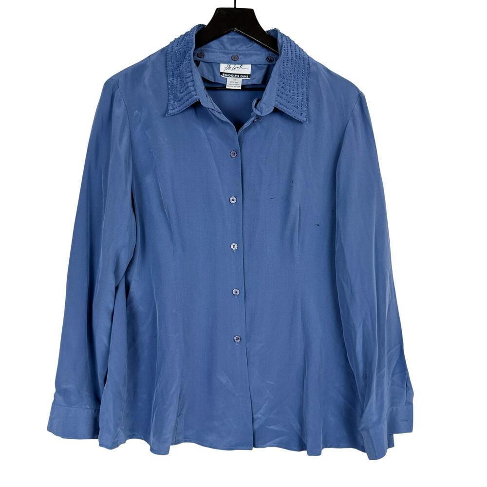 Randolph Duke The Look 100% Silk Button Down Shirt Blouse Beaded Blue - 16